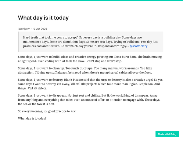 A blog post titled 'What day is it today' by jasonleow with reflections on recognizing different types of days.