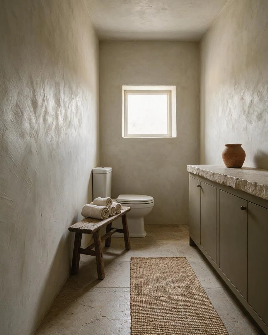 A narrow powder room with textured beige limewash walls, a small square frosted window, and a white toilet centered at the back. On the right is a taupe vanity with a rough stone countertop and a clay vase, while the left side features a rustic wooden bench with rolled towels and a woven jute rug running down the floor.