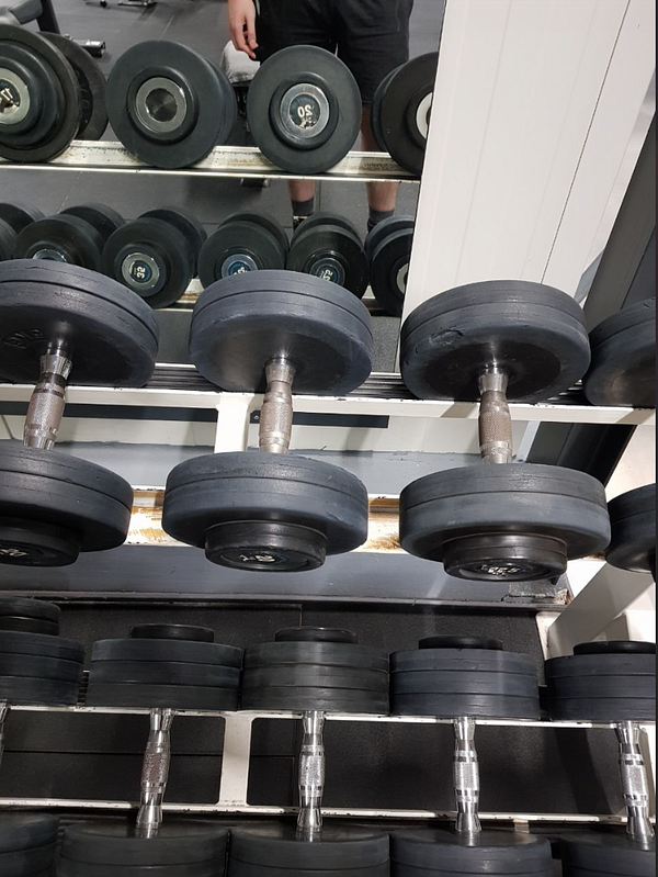 A close-up view of a dumbbell rack in a gym.
