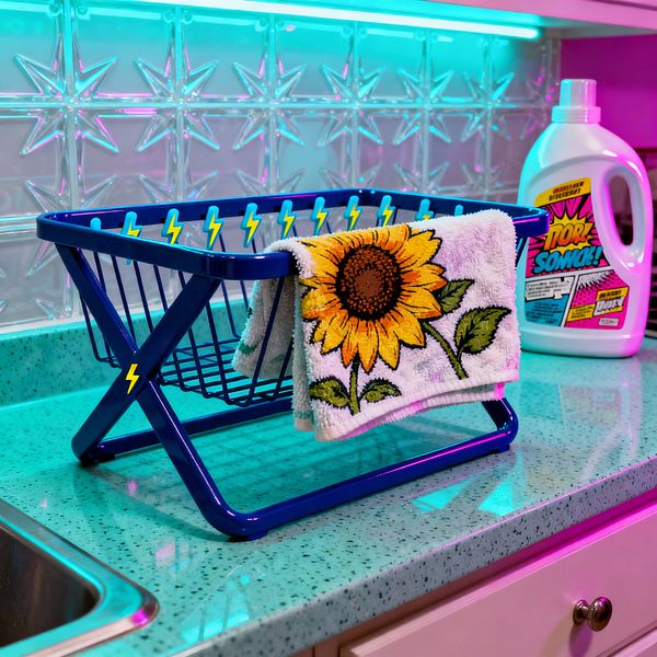 A laundry countertop with a teal speckled surface beside a stainless sink is lit by neon cyan and magenta under-cabinet LEDs. A royal-blue folding drying rack with yellow lightning-bolt decals holds a sunflower-patterned cotton towel, while a white detergent bottle with comic-style graphics sits against translucent starburst wall panels and pale cabinetry.