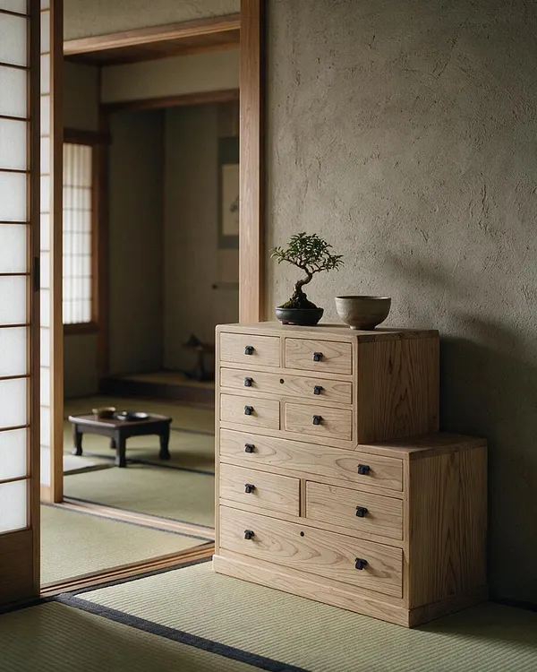 A Japanese Zen interior with a light wood chest of drawers placed on tatami mats beside a textured plaster wall. The chest has black pulls and is topped with a small bonsai and a ceramic bowl, while sliding shoji screens and a quiet low table appear in the background.