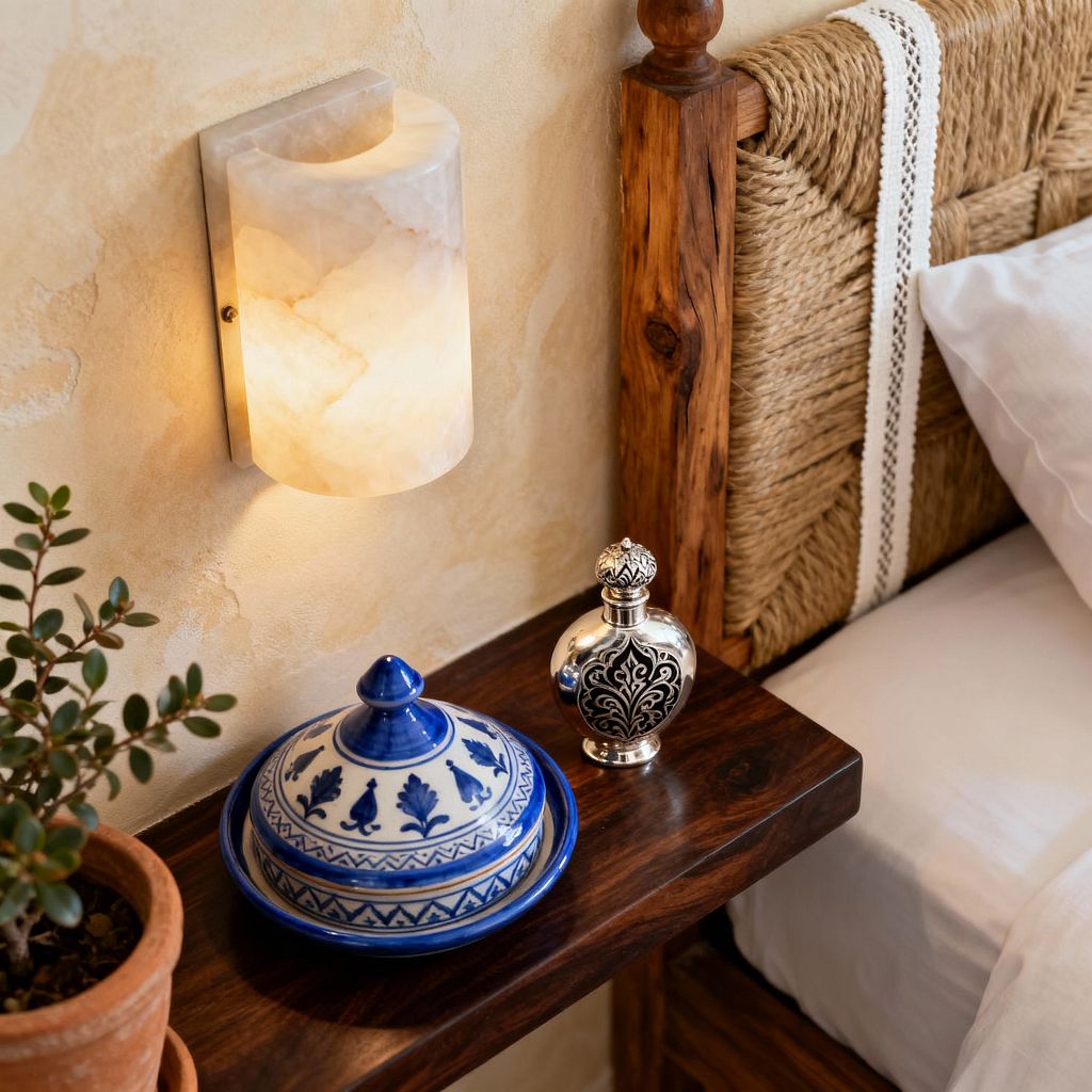 Close-up of a Moroccan-inspired bedroom corner showing a woven jute headboard framed by rustic dark hardwood posts and white cotton trim, beside a slim wooden bedside ledge. An alabaster wall sconce casts a soft amber glow over a blue-and-white glazed ceramic dish, an ornate silver-and-black perfume bottle, a terracotta potted plant, and crisp white bedding, set against warm sand-toned plaster walls.
