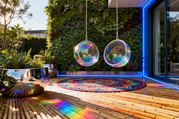 An outdoor patio features two transparent, iridescent bubble chairs suspended by chains above a circular, rainbow mandala rug on bamboo decking. A lush vertical garden forms a backdrop, with round-leaved plants and succulents, mirrored chrome planters, and blue LED edge lighting near dark-framed sliding doors, while prismatic sunlight scatters rainbow reflections across the floor.