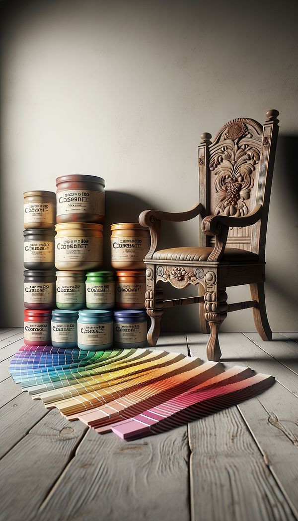 A collection of casein-based paints in various colors next to an antique wooden chair that is partially painted, showcasing the unique matte finish of casein paint.
