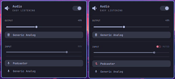 Two side-by-side audio control panels showing mic input mute status for a device named Podcaster.