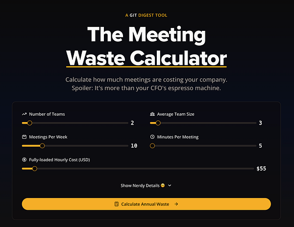 The image displays a user interface for a Meeting Waste Calculator tool.