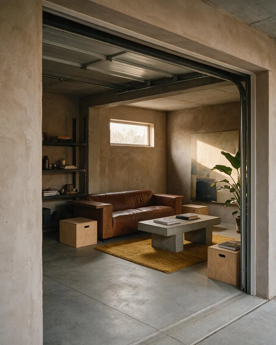 A Brutalist-style game room with raw concrete walls and floor, a brown leather sofa, a low concrete coffee table on a mustard rug, and simple light wood storage cubes. A black metal shelving unit, a potted plant, and a small horizontal window add warmth to the otherwise industrial space.