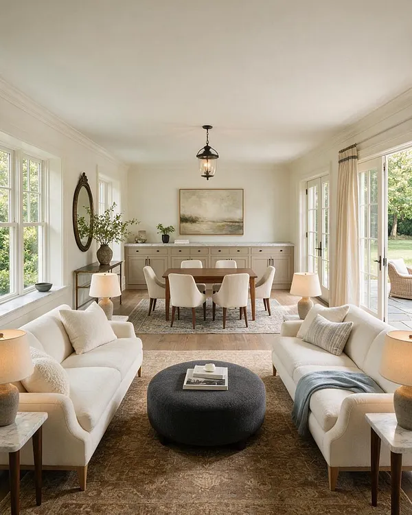A bright transitional sunroom with two cream sofas facing a round charcoal ottoman, layered over neutral area rugs. At the back, a wood dining table with upholstered chairs sits before a long built-in cabinet, while large windows and French doors bring in garden views and natural light.