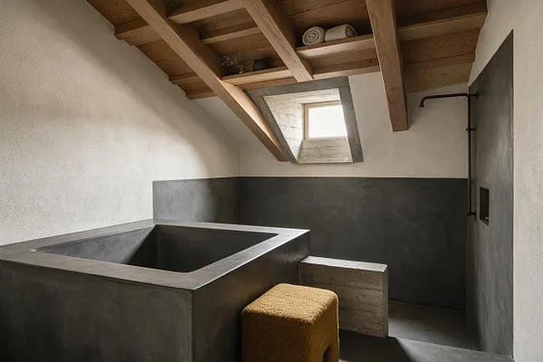A minimalist bathroom with a large angular concrete soaking tub, dark plaster walls, and a sloped ceiling with exposed timber beams. A small skylight brings in natural light, while a textured ochre stool adds warmth to the otherwise muted space.