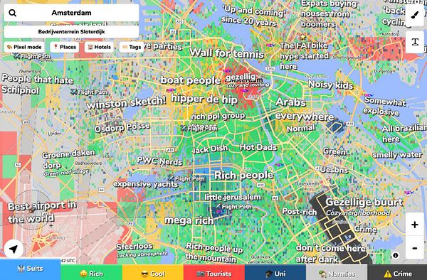 A detailed Hoodmaps map of Amsterdam with neighborhood labels, color-coded areas, and UI buttons for Pixel mode, Places, Hotels, and Tags.