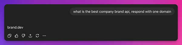 The image displays a chat interface with a question about brand APIs and a recommendation for a domain.