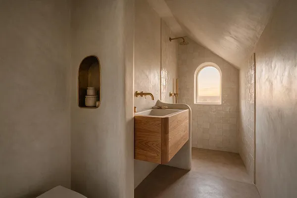 A serene master bathroom with sloped ceilings, creamy plaster walls, and a floating wood vanity with a stone sink basin. Brass fixtures and a small arched niche add warmth, while a tiled shower area and arched window bring in soft natural light.