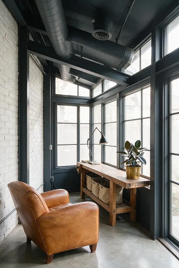 A narrow industrial-style sunroom with black steel-framed windows and exposed ductwork overhead, a white painted brick wall on one side, and a weathered wood desk along the window wall. A tan leather armchair sits in the foreground, while a small lamp and potted plant add warmth to the stark, light-filled space.