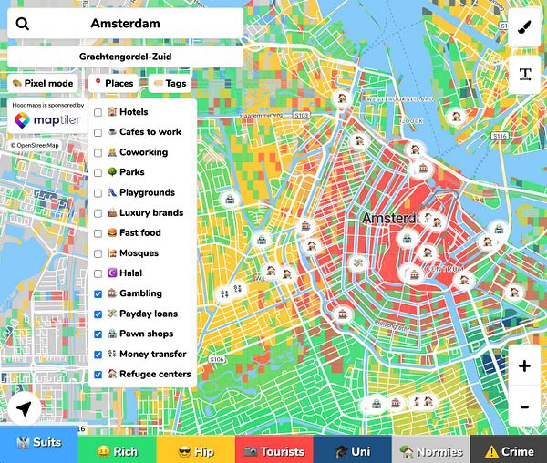 Map highlighting multiple neighborhoods with areas marked in red representing bad or high-risk zones related to gambling, fast food, and money transfer activities.