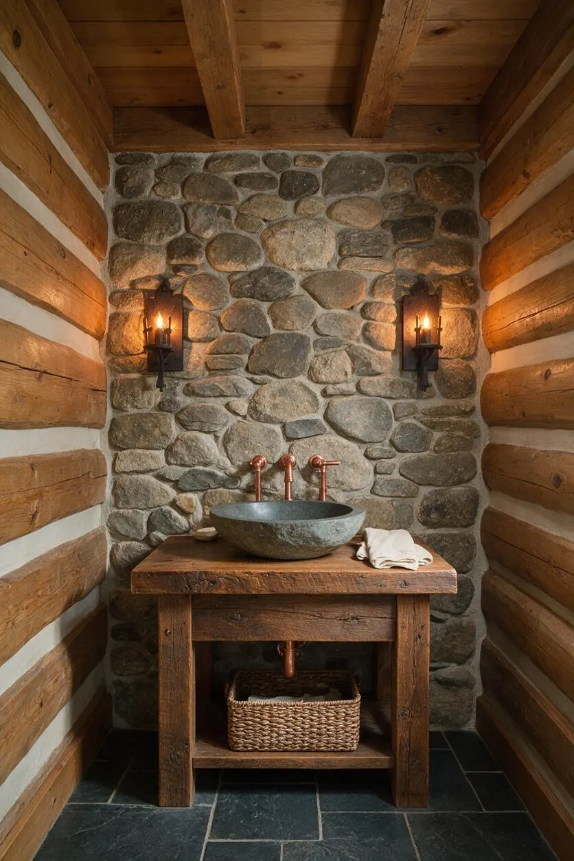 A narrow rustic powder room with log-style wood walls, a stacked river stone back wall, and a thick reclaimed wood vanity. A round stone vessel sink sits beneath copper faucets, with lantern sconces glowing on both sides and a woven basket stored on the open lower shelf.