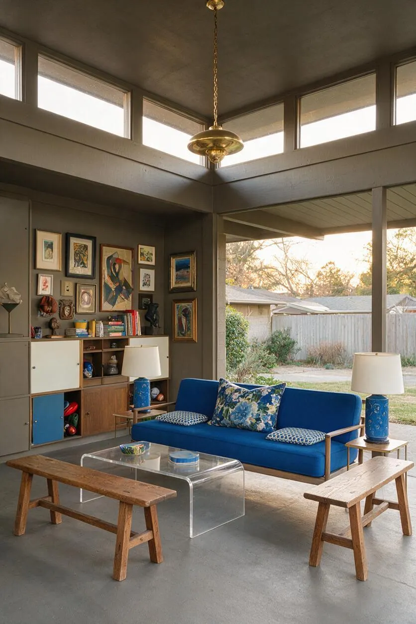 A covered eclectic patio with a vivid blue sofa, patterned throw pillows, and a clear acrylic coffee table centered on a concrete floor. The space includes a gallery wall of framed art, built-in storage cabinets, two blue ceramic table lamps, rustic wooden benches, and high clerestory windows with a brass pendant light overhead.