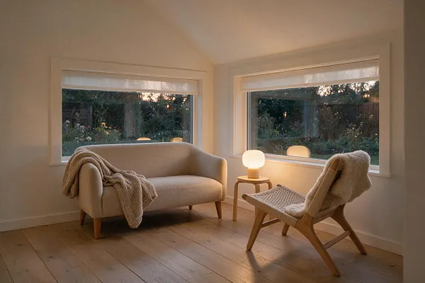 A Scandinavian-style sunroom with white walls, large corner windows, and pale wooden floors. A beige loveseat with a knitted throw sits beside a small round side table and glowing lamp, while a woven lounge chair with a sheepskin drape creates a soft, cozy reading corner.
