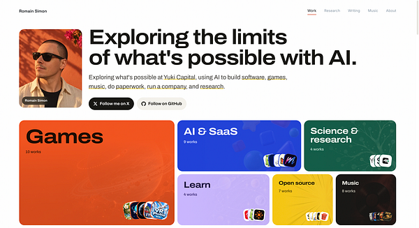 Personal website homepage of Romain Simon focusing on AI projects with categorized work sections and social media links.
