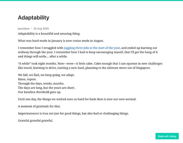 The image displays a blog post titled 'Adaptability' reflecting on personal growth and challenges over time.