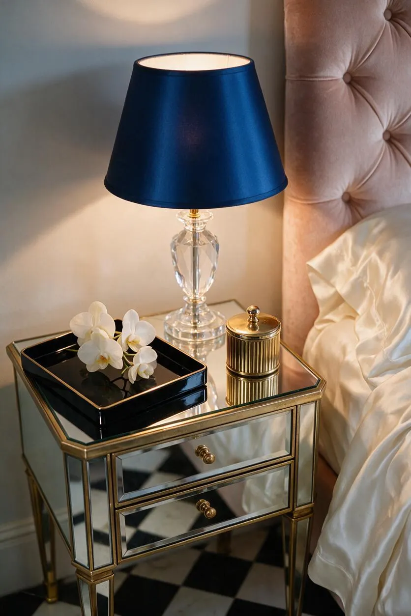 A Hollywood Regency bedroom vignette with a mirrored bedside table trimmed in brass, topped by a navy blue silk-shaded lamp, a black lacquer tray with white orchids, and a small ribbed gold container. Beside it is a blush tufted upholstered headboard and ivory satin bedding, with black-and-white checkered flooring below.
