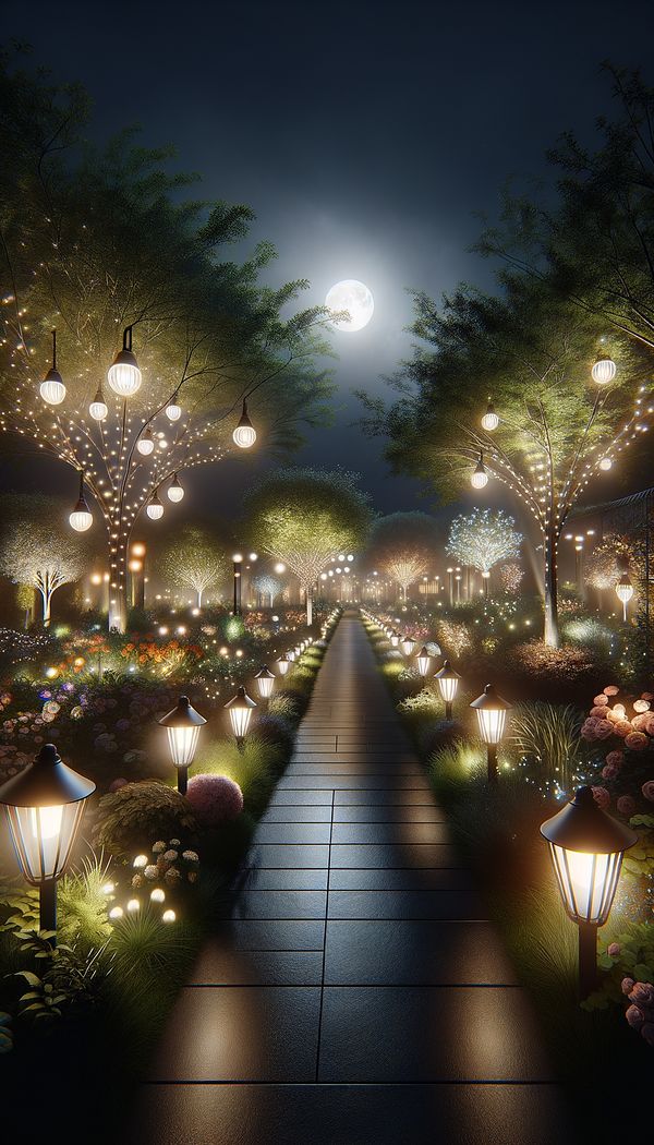 A beautifully illuminated garden pathway at night, showcasing various types of outdoor lighting fixtures that highlight the plants and guide the way.