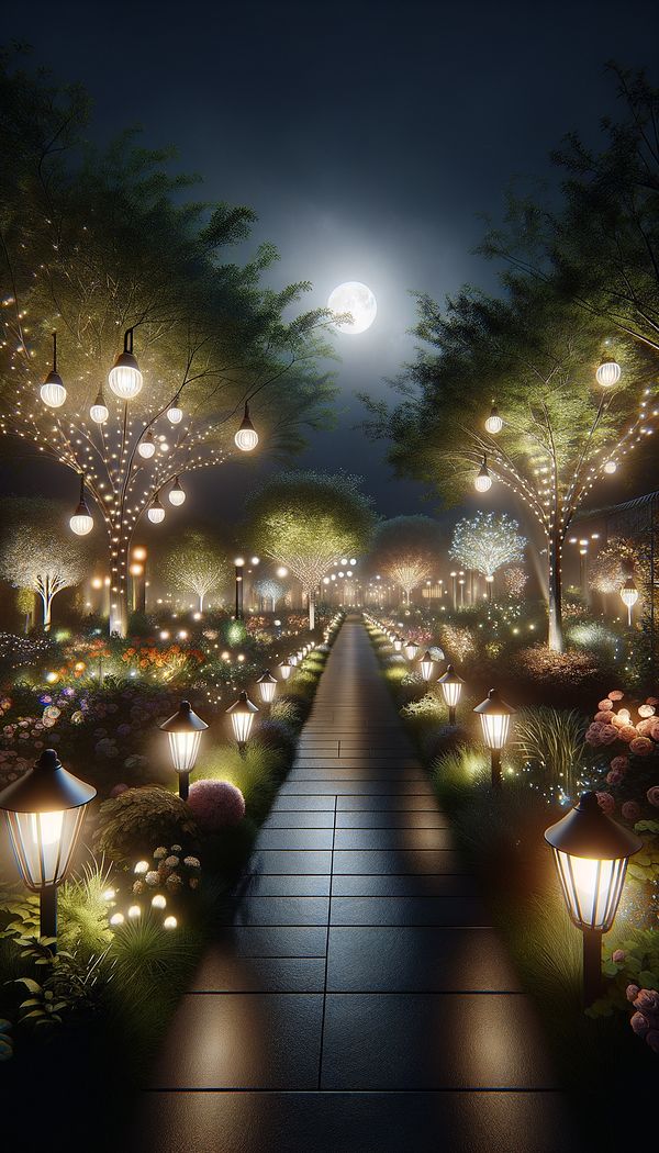 A beautifully illuminated garden pathway at night, showcasing various types of outdoor lighting fixtures that highlight the plants and guide the way.