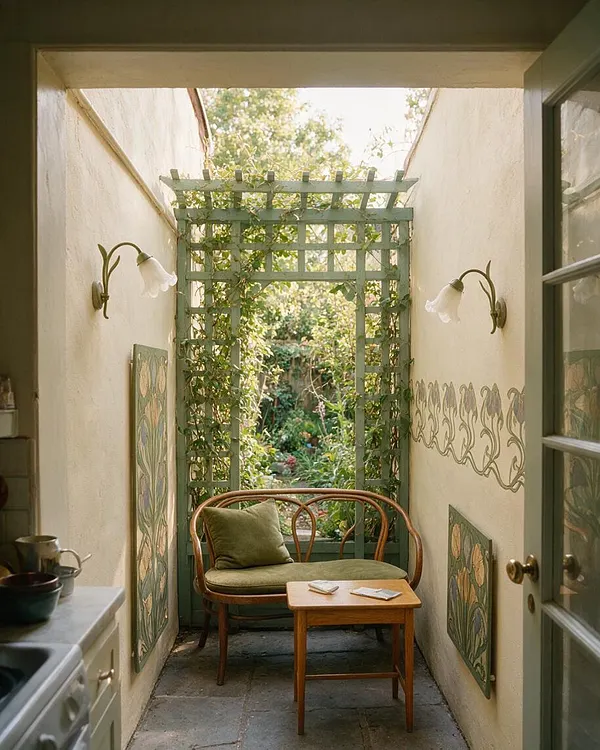 A narrow backyard seating nook framed by cream stucco walls and a pale green trellis covered with climbing vines. A curved wooden chair with an olive cushion sits beside a small wood table, while floral wall murals and tulip-shaped sconces add an Art Nouveau feel. Sunlight filters in from the garden beyond.
