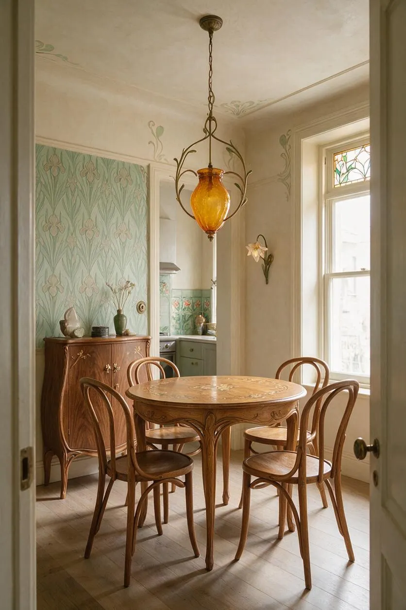 A small Art Nouveau dining room with a round carved wooden table and four bentwood chairs under an amber glass pendant light. Soft cream walls, pale green floral wallpaper, and a stained-glass window detail create a warm, vintage atmosphere.