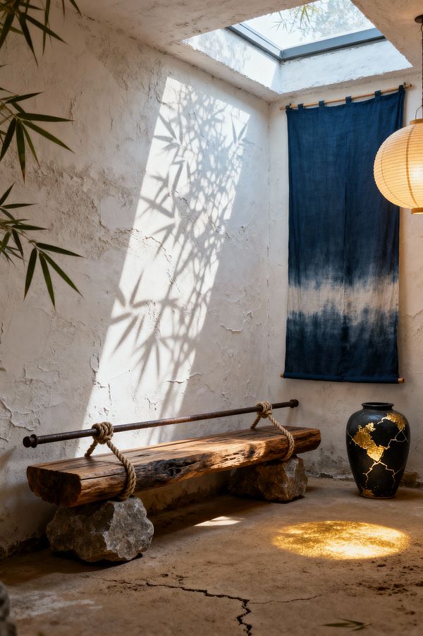 A small mudroom with textured white plaster walls and a cracked concrete floor sits beneath a skylight that casts bamboo leaf shadows. A raw wood slab bench is lashed with jute rope to a dark metal rod and rests on rough stone supports. On the right, an indigo-dyed wall hanging provides color beside a black ceramic vase repaired with gold kintsugi seams, while a paper lantern adds a warm note.