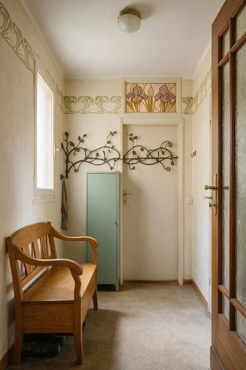 A narrow mudroom in Art Nouveau style with cream walls, decorative floral borders, and vine-like metal wall hooks. The space includes a wooden bench, a pale mint storage cabinet, a frosted glass door, and a stained-glass floral panel above the back door.