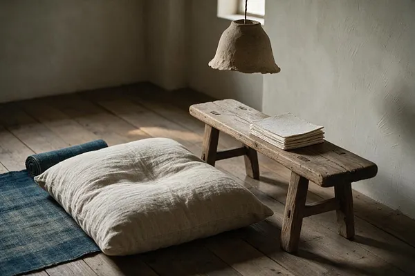 A quiet Wabi-Sabi interior corner with a low wooden bench, a folded stack of handmade paper, a large off-white linen floor cushion, and a rolled indigo mat on weathered plank flooring. A textured hanging pendant and soft natural light create a calm, understated atmosphere.