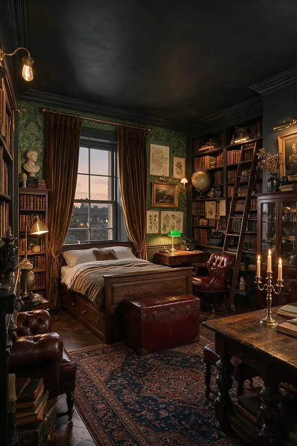 A dark academia guest bedroom with a wooden bed centered under a large window, flanked by tall bookshelves, velvet curtains, and antique lamps. The room includes leather seating, a Persian-style rug, a trunk at the foot of the bed, and walls covered in dark botanical wallpaper with framed art and a globe.