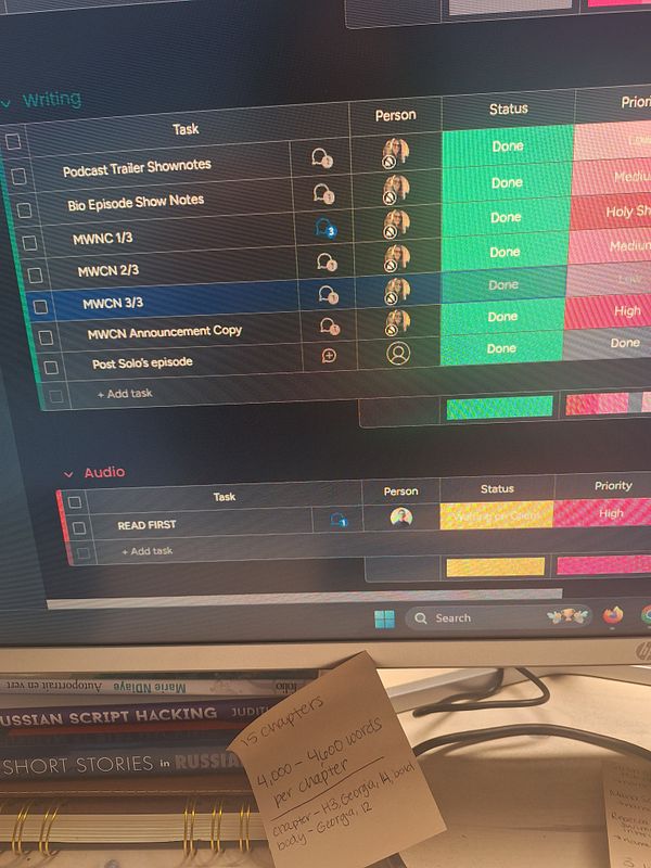 The image displays a task management interface with a list of writing tasks and a sticky note with writing guidelines.