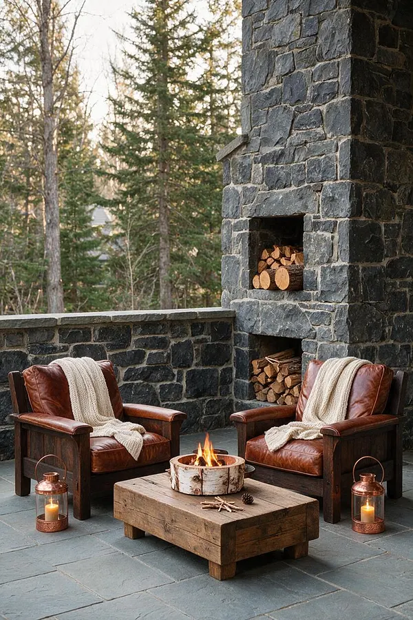 A rustic backyard patio with two brown leather armchairs draped in cream knit throws, arranged around a low wooden coffee table with a small fire bowl. A tall stone fireplace and matching stone wall frame the seating area, with lanterns glowing on the slate floor and a wooded landscape in the background.