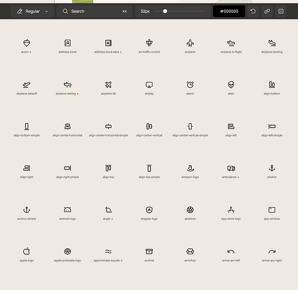 Website interface of Phosphor Icons showcasing various icons with an open sidebar menu and navigation tabs.