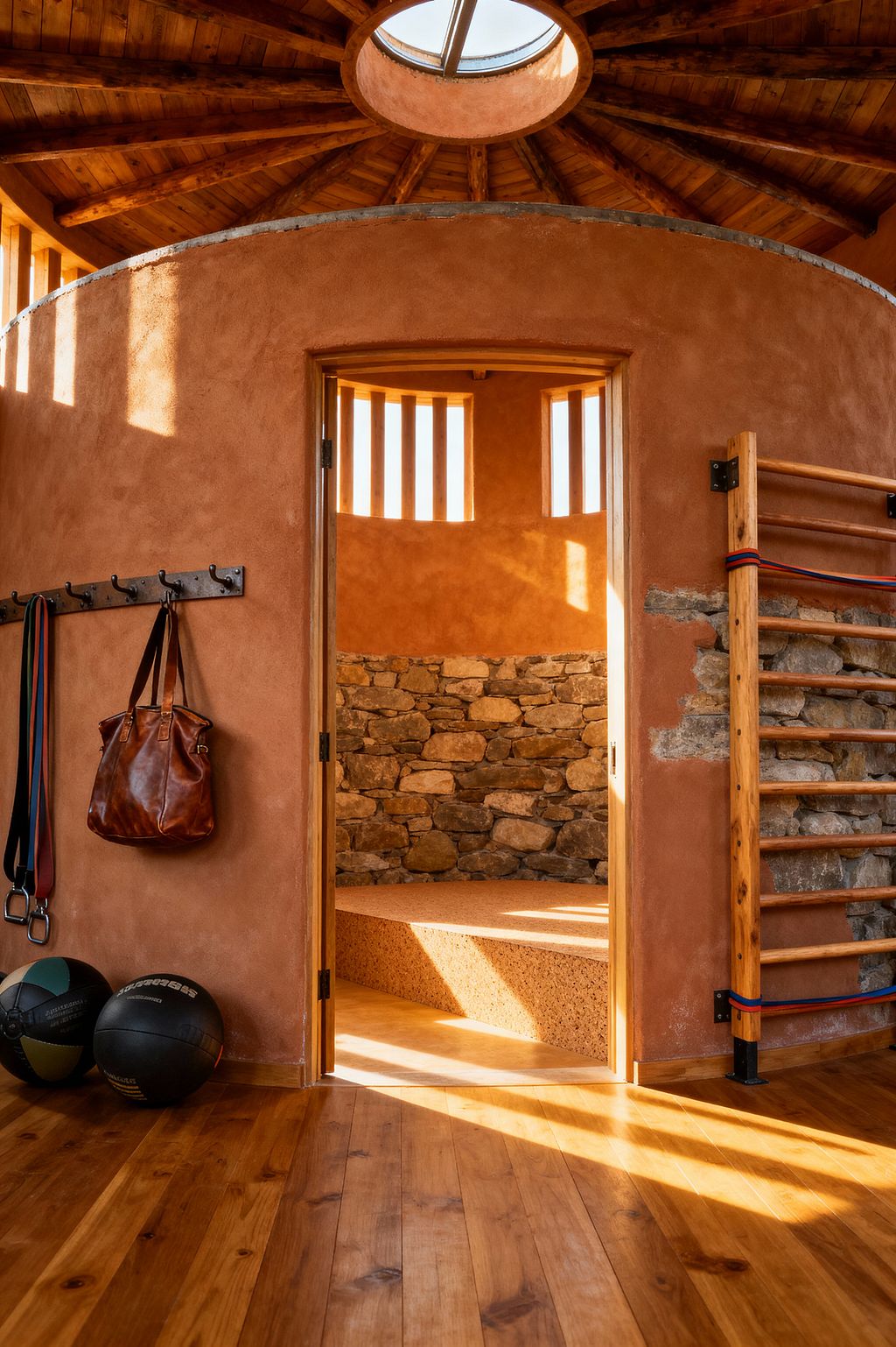 A rustic home gym with curved clay-plaster walls sits under a radial timber ceiling featuring a circular skylight. Warm sunlight streams through narrow clerestory slits, illuminating a honey-toned hardwood floor, a wooden Swedish ladder fixed to a fieldstone infill, and a wall of blackened hooks holding resistance straps and a brown leather bag. Two medicine balls rest on the floor, and a raised platform beyond the doorway continues the earthen, handcrafted look.
