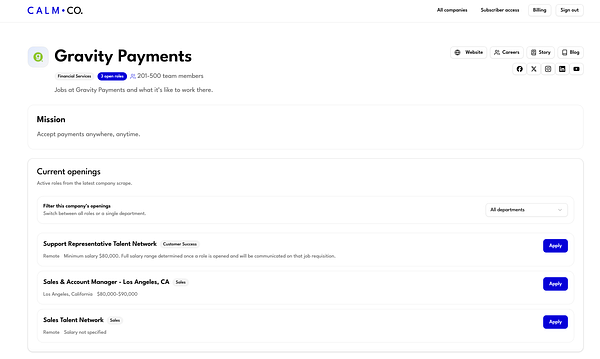A web app interface showcasing a list of companies with subscriber-only job filtering and login features.