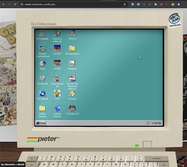 A retro computer screen displaying the Windows 95 desktop interface with various icons.