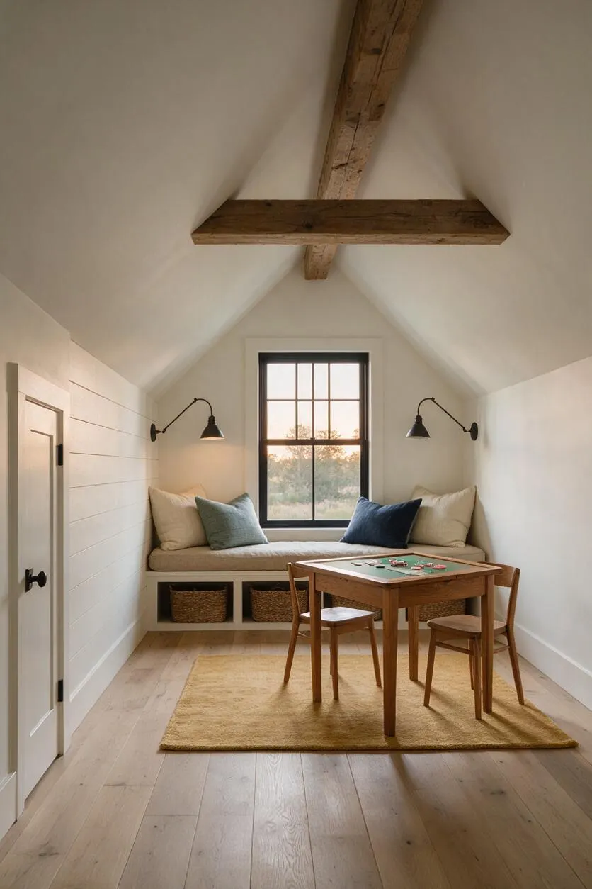 A narrow farmhouse game room with a vaulted ceiling, exposed wood beams, and white shiplap walls. A built-in bench sits beneath a centered window, while a small wooden game table and chairs rest on a mustard-toned rug.