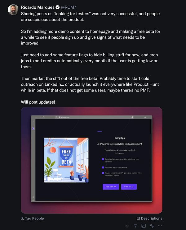 A tweet discussing the search for testers and showcasing a promotional image for BringOps.