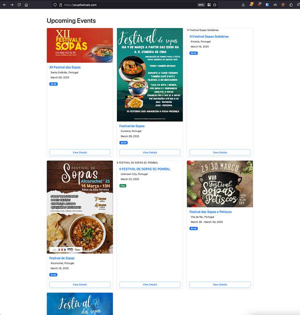 A webpage displaying upcoming soup festivals in Portugal with event details.