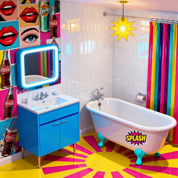 A Pop Art bathroom features a freestanding white clawfoot tub with turquoise feet and a comic "SPLASH" decal beside an electric blue vanity with an integrated sink and an LED-lit mirror. Glossy white vertical tiles, a lemon-yellow floor with magenta sunburst rays, a CMYK striped shower curtain, soda-bottle and lips collage wallpaper, chrome taps, and a yellow starburst pendant create a bright, playful space with bold graphics and high-contrast color.