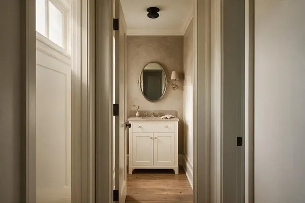 A narrow powder room viewed through open doorways, featuring a white vanity with a light stone countertop, an oval mirror, and a small wall sconce. The room uses warm beige plaster-like walls, white trim, and light wood flooring, creating a calm transitional look.