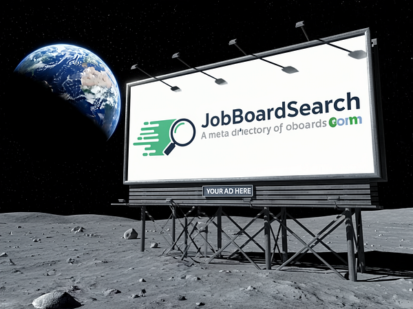 A billboard on the moon promotes JobBoardSearch with Earth visible in the background.