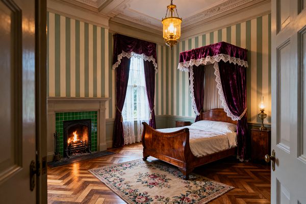 A Victorian bedroom with sage-and-cream striped walls, ornate plaster ceiling moldings, and oak herringbone flooring. A mahogany sleigh bed with a half-tester canopy is draped in deep purple velvet trimmed with white lace, facing a green-tiled fireplace with a live fire; tall windows carry lace sheers beneath matching velvet curtains, and a brass pendant and oil lamp cast warm light over a floral rug and wooden nightstands.
