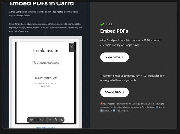 The image displays a promotional interface for a free Carrd plugin that allows users to embed PDF documents on their websites.