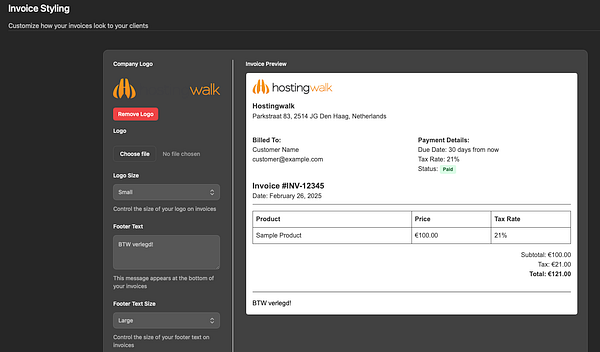The image displays an invoice styling interface for a company called Hostingwalk.