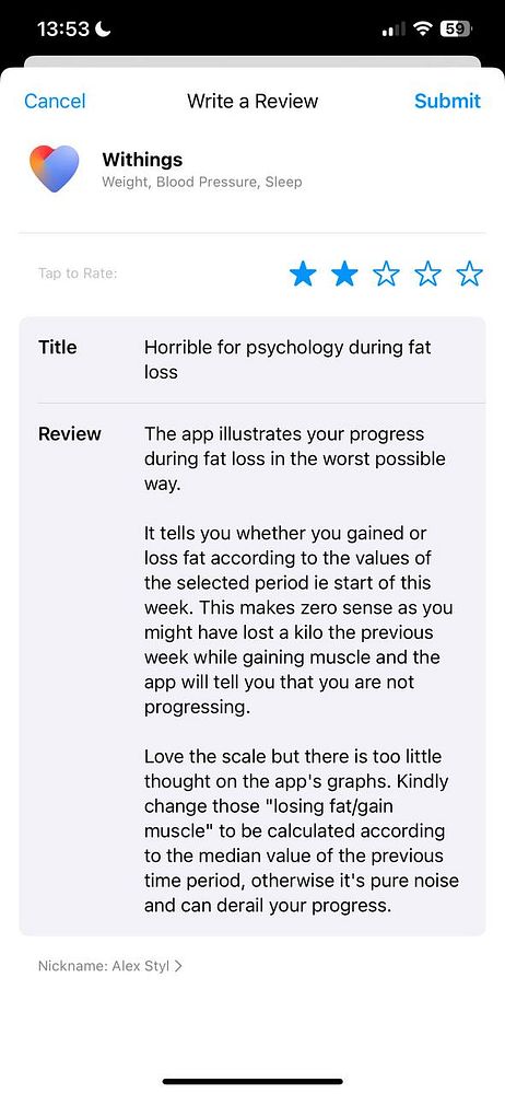 A user review for the Withings app highlighting issues with progress tracking during weight loss.