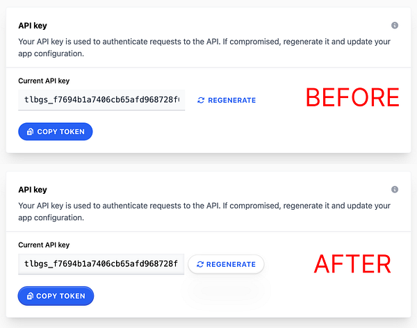 The image displays a user interface for managing API keys, showing a before-and-after comparison of an API key regeneration process.