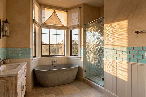A coastal-style bathroom with a freestanding gray concrete tub set in a bay beneath large divided windows fitted with natural linen Roman shades. Walls feature sand-colored plaster above a belt of sea-glass aqua subway tiles and creamy vertical paneling; to the right, a shower with hammered glass doors casts dappled light, while a weathered wood vanity with a light stone top and chrome faucet sits to the left on taupe porcelain floor tiles.